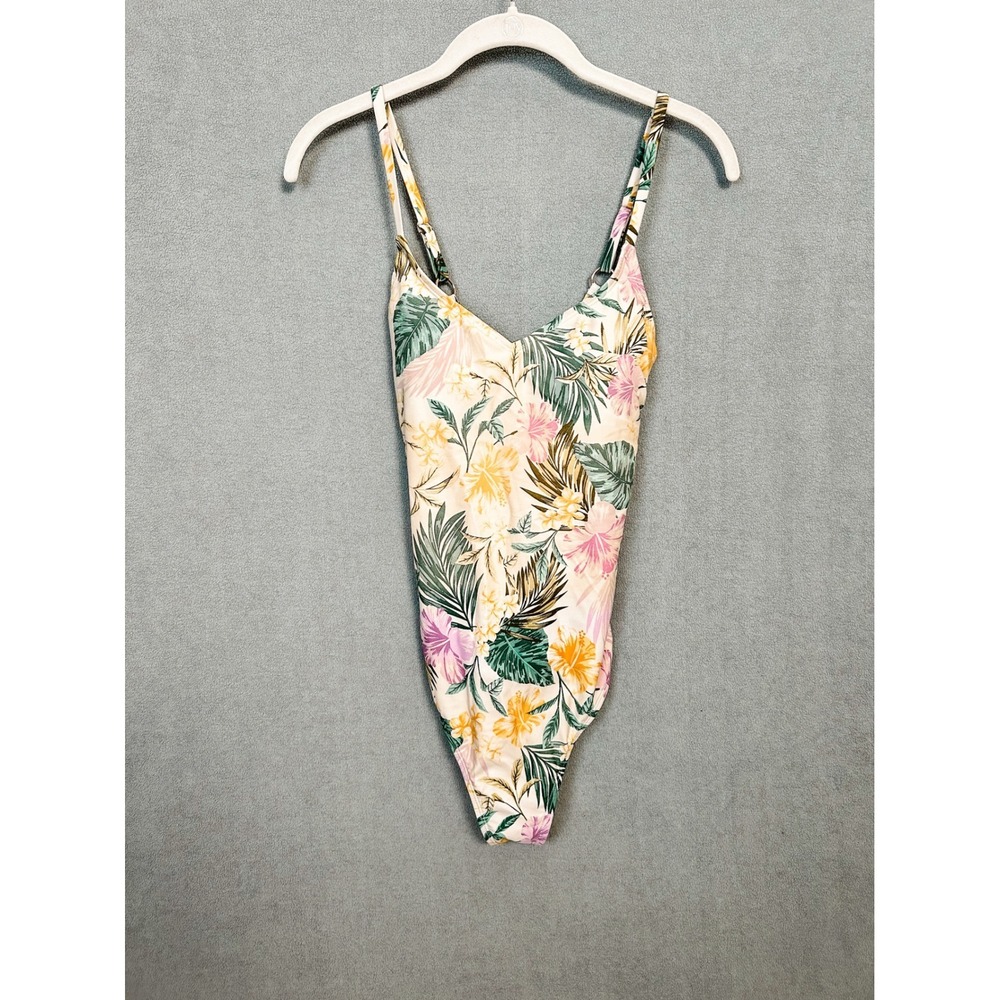 Kona Sol Womens Tropical Floral One Piece Swimsuit Cream Pink Green Medium